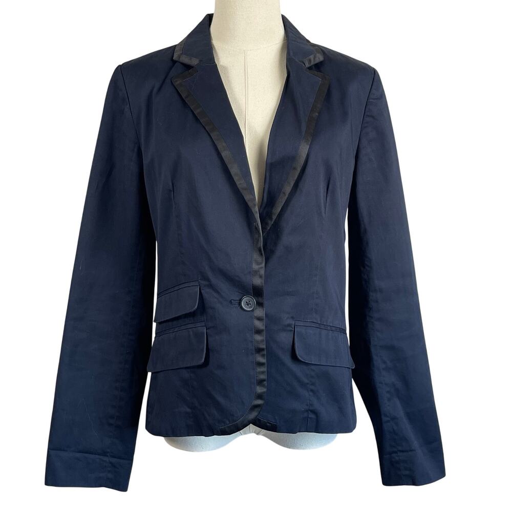 American Eagle Navy Classic Single Button Cotton Satin Trim Blazer Jacket M